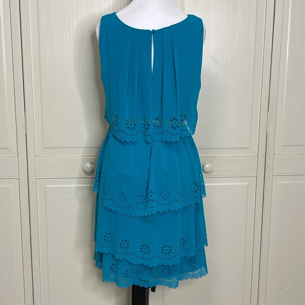 Jessica Simpson Women’s Turquoise Belted Chiffon Eyelet Layered Dress Sz 10 - Picture 6 of 13